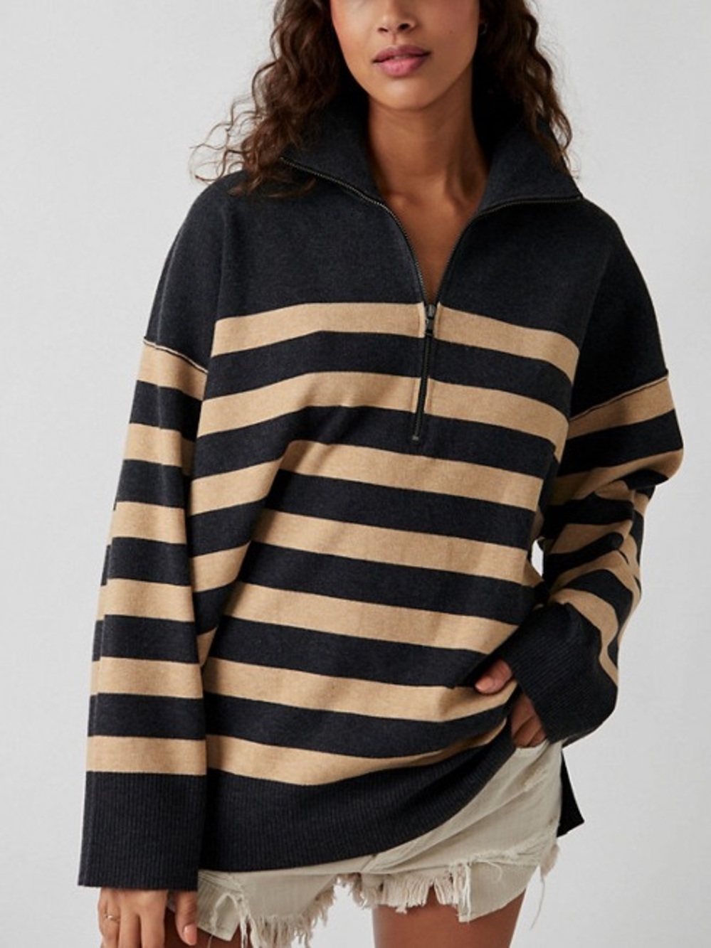Free People Womens Large Striped Half Zip Sweater Black Camel Oversized Slouchy